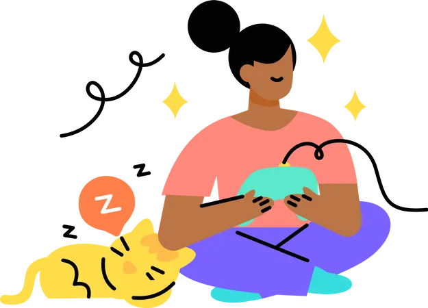 Woman playing video games while her cat is sleeping  Illustration