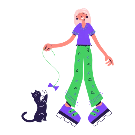 Woman playing with a cat  Illustration