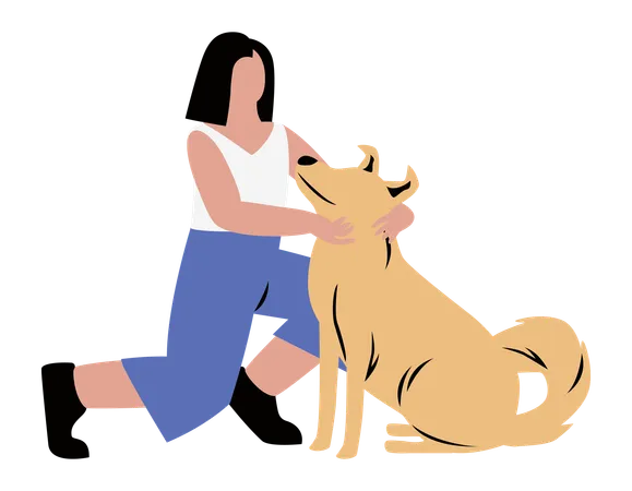 Woman Playing with a Dog  Illustration