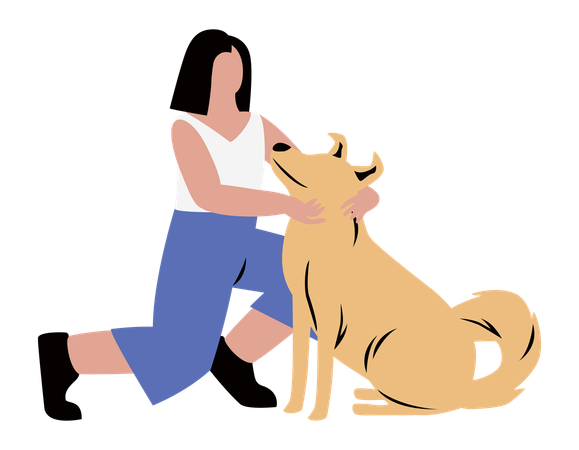 Woman Playing with a Dog  Illustration