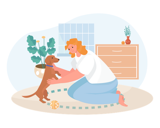 Woman playing with a dog in home  Illustration