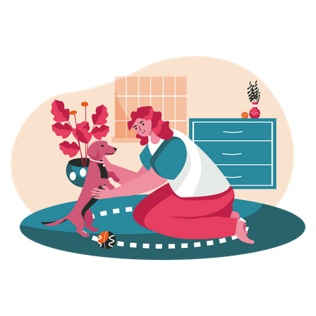 Woman playing with a dog in home  Illustration