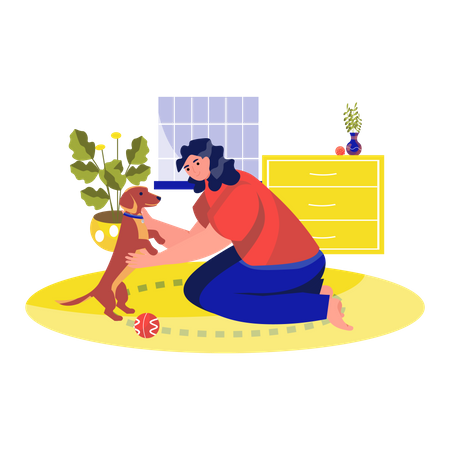 Woman playing with a dog in home  Illustration