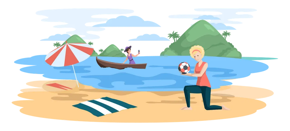 Woman playing with ball at beach Illustration
