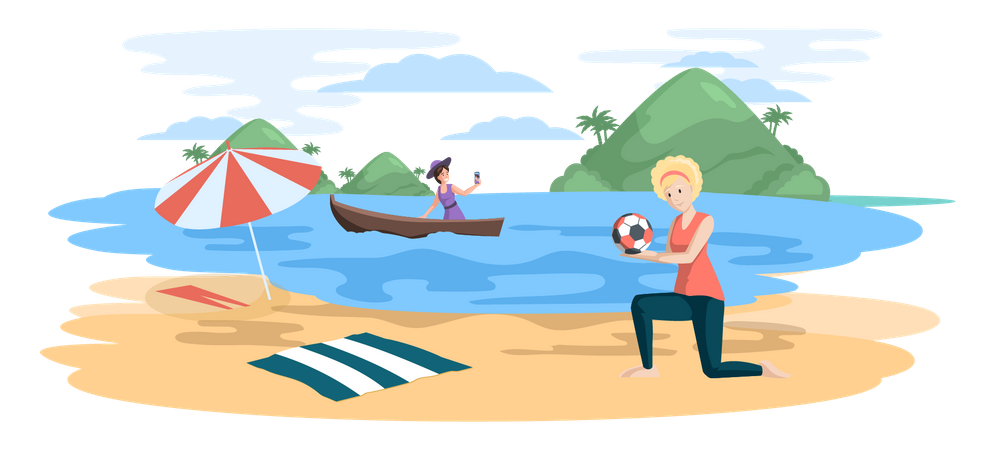 Woman playing with ball at beach  Illustration