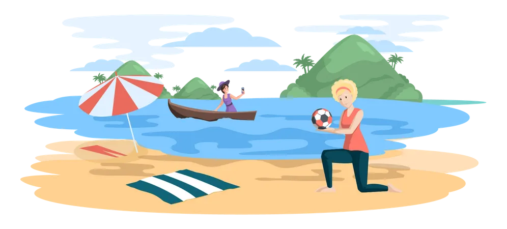 Woman playing with ball at beach  Illustration