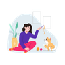 girl playing with cat illustration