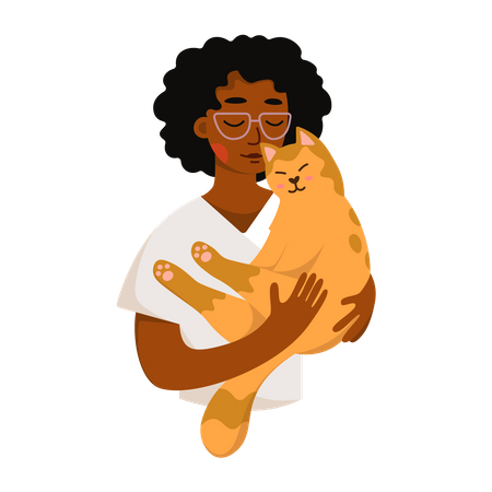 Woman Playing With Cat  Illustration