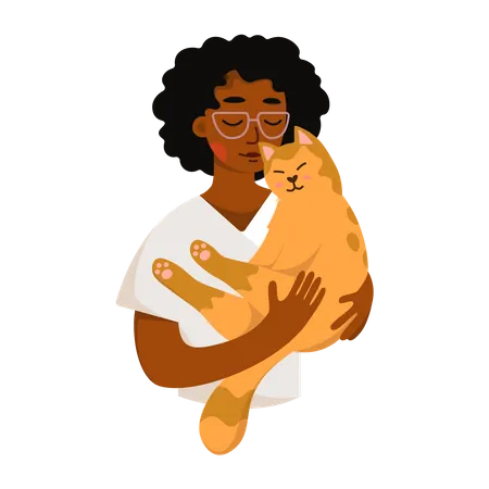 Woman Playing With Cat  Illustration