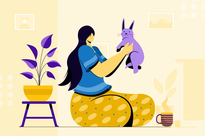 Woman playing with cat at home  Illustration