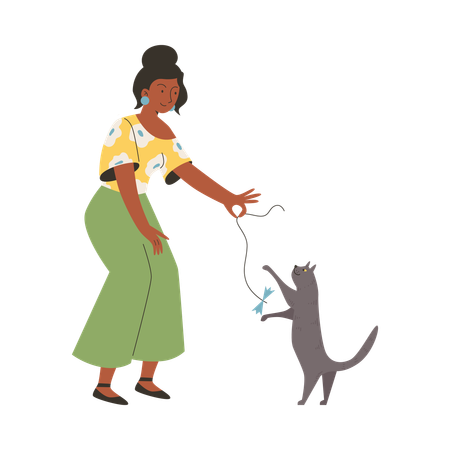 Woman playing with cat cute pet  Illustration