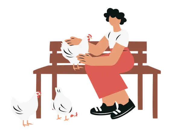 Woman Playing with Chickens  Illustration