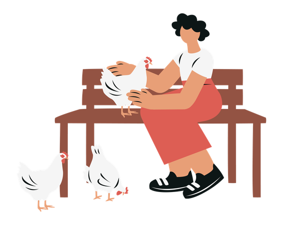 Woman Playing with Chickens  Illustration