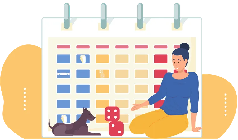 Woman playing with cubes and  dog  Illustration