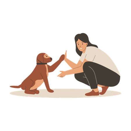 Woman playing with cute dog  Illustration