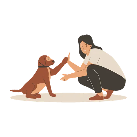 Woman playing with cute dog  Illustration