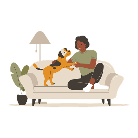 Woman playing with cute dog on sofa  Illustration