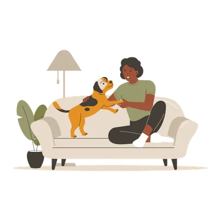 Woman Playing With Cute Dog On Sofa Illustration