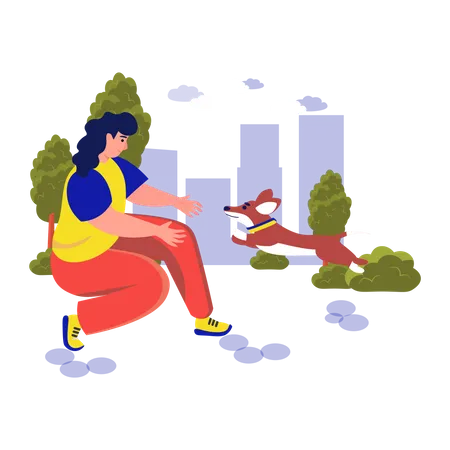 Woman playing with dog  Illustration