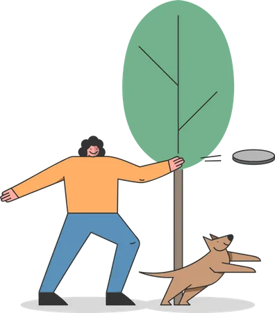 Woman playing with dog while throwing frisbee Illustration