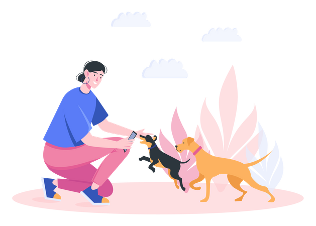 Woman playing with dogs Illustration