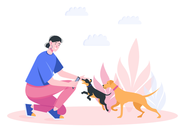 Woman playing with dogs  Illustration