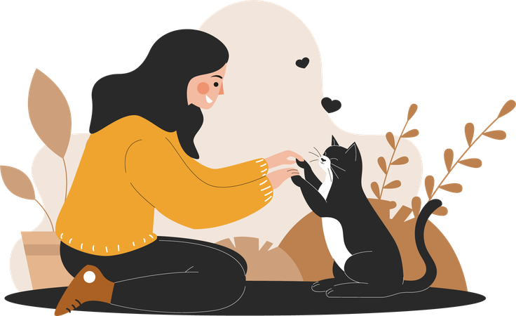 Woman Playing With Her Cat  Illustration