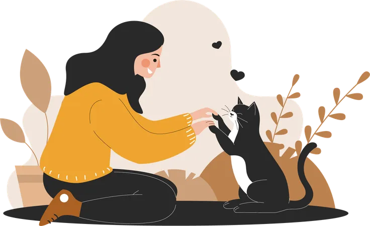 Woman Playing With Her Cat  Illustration