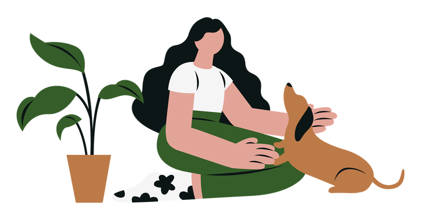 Woman Playing with Her Dog Pet  Illustration