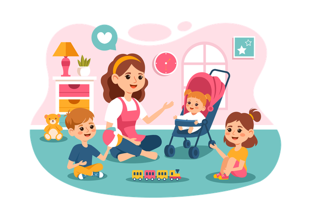 Woman playing with little kids  Illustration