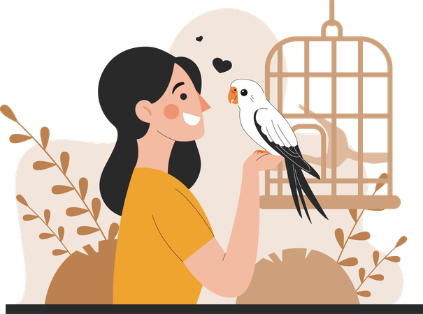 Woman playing with pet bird  Illustration