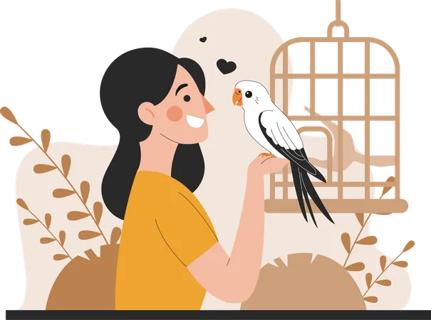 Woman playing with pet bird  Illustration