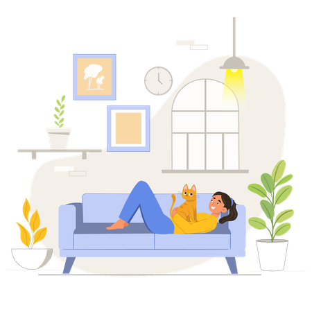 Woman playing with pet cat while sleeping on couch at home  Illustration