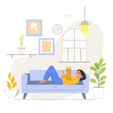 Woman playing with pet cat while sleeping on couch at home  Illustration