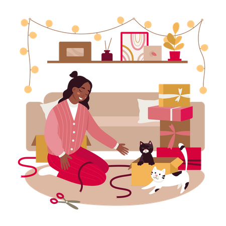 Woman playing with pet cats at home  Illustration