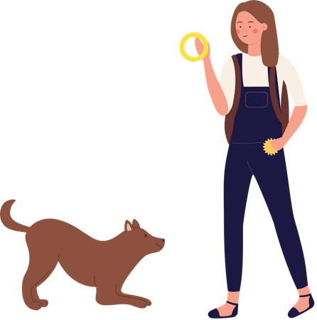 Woman playing with pet dog  イラスト