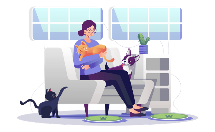 Woman playing with pets  Illustration