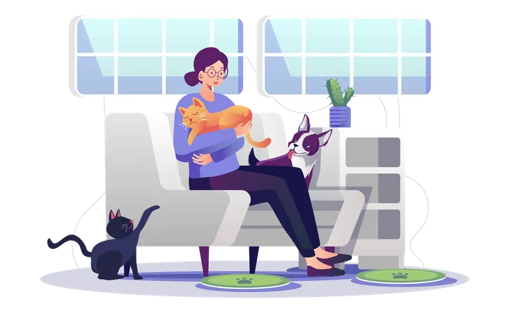 Woman playing with pets  Illustration