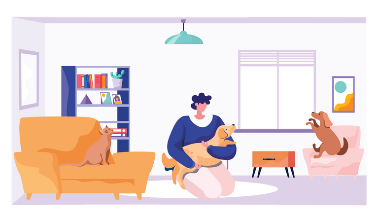Woman playing with pets at home during quarantine Illustration