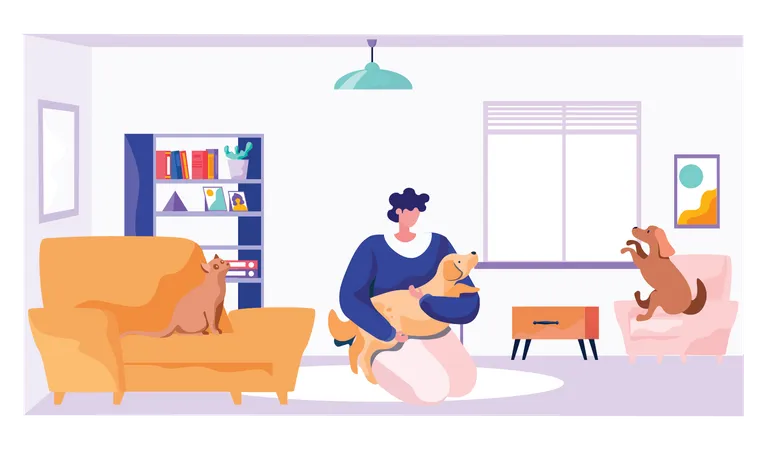 Woman playing with pets at home during quarantine  Illustration