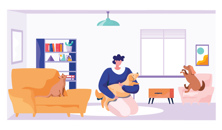 Woman playing with pets at home during quarantine  Illustration