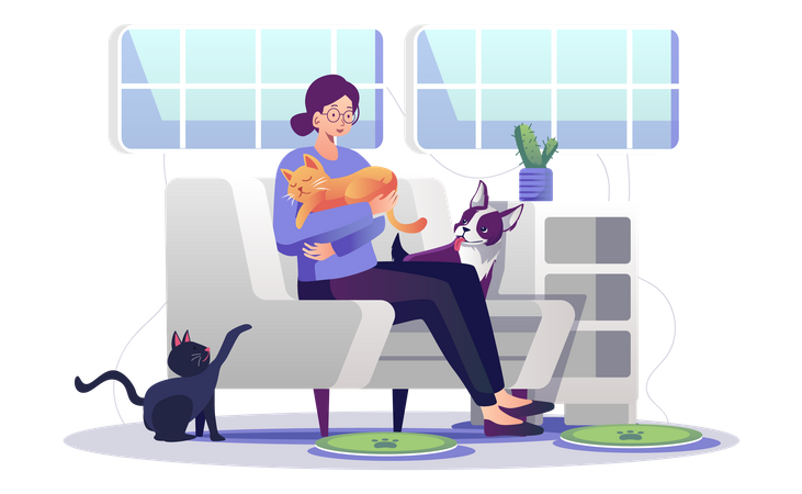 Woman playing with pets  Illustration