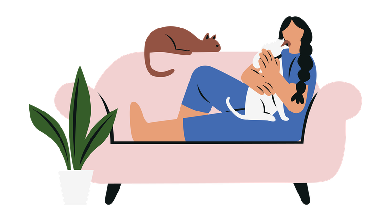 Woman Playing with Pets on Sofa  Illustration