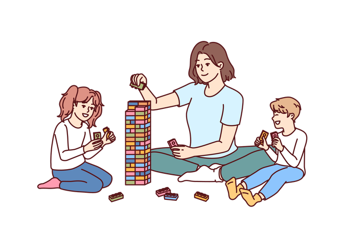Woman plays building blocks with children  일러스트레이션