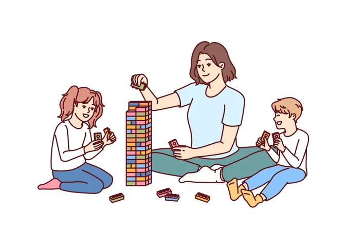 Woman Babysitter Together With Kids Plays Constructor Building Tower Of Children Blocks In Kindergarten Little Boy And Girl Have Good Time And Play Educational Games Under Supervision Of Babysitter Illustration