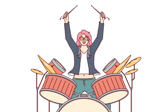 Woman Plays Drums Performing In Front Of Audience At Rock Concert Or Theme Party In Nightclub Young Superstar Girl With Pink Hair Performs Incendiary Music On Drums During Festival Illustration