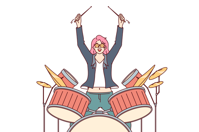 Woman plays drum in music concert  イラスト