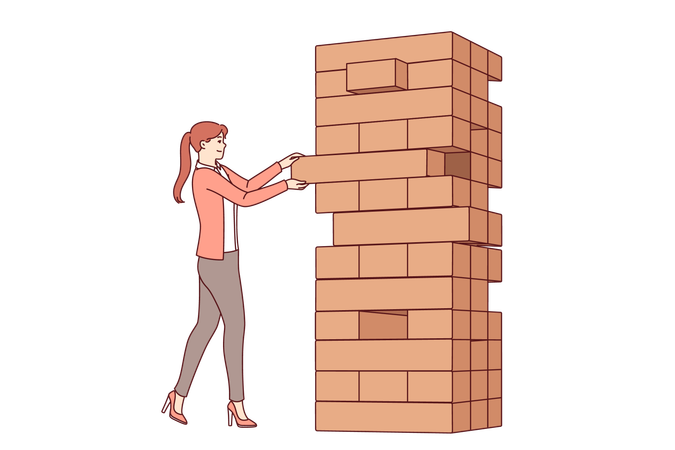 Woman plays jenga game pulling blocks from giant tower to develop skills equilibrium and balance  Illustration