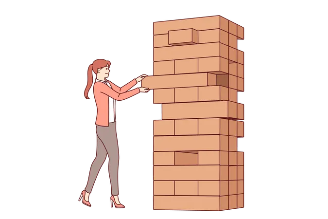 Woman plays jenga game pulling blocks from giant tower to develop skills equilibrium and balance  Illustration