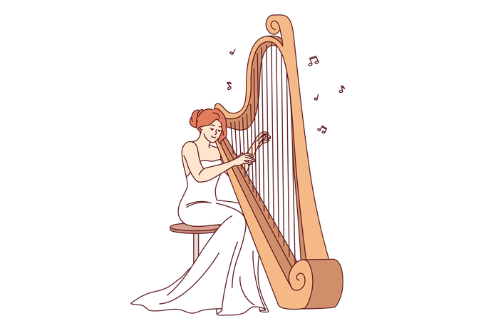 Woman plays large harp performing at symphony concert or classical music festival  Illustration